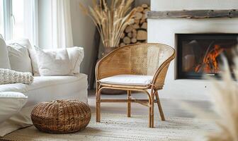 AI generated A cozy setup featuring a rattan lounge chair, wicker pouf, and white sofa near a fireplace. photo