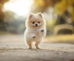 AI generated Outdoor standing white Pomeranian, paw up photo