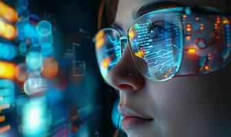 AI generated Engineer inspecting AI, glasses reflection photo