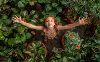 AI generated Girl with arms wide, surrounded by plants photo