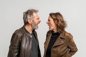 AI generated Middle-aged couple arguing loudly, set against a stark white backdrop photo