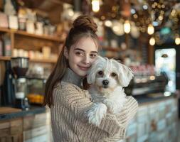 AI generated Cafe scene, woman holding her white dog photo