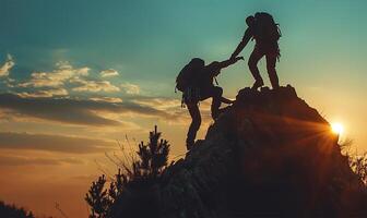 AI generated Helping hand, mountain climbing silhouette duo photo