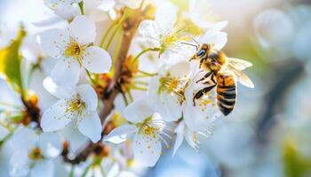 ai generado abeja polinizando blanco flores en luz de sol foto