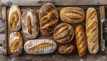 AI generated Assorted artisan breads on wooden background photo