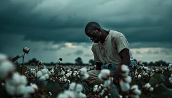 AI generated Man harvesting cotton in moody fields photo