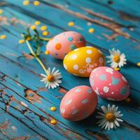 AI generated Colorful easter eggs on rustic blue wooden background photo