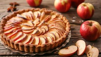 AI generated Fresh homemade apple tart on rustic wooden background photo