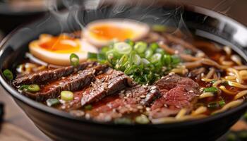 ai generado humeante carne de vaca ramen cuenco con hervido huevo foto