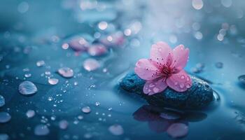 AI generated Serene sakura pink cherry blossom on blue water photo