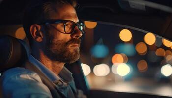 AI generated Confident businessman driving at night photo