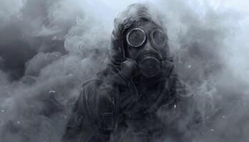 AI generated Faceless figure in gas mask amidst smoke photo