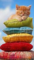 AI generated Serene orange tabby kitten asleep on colorful pillows photo