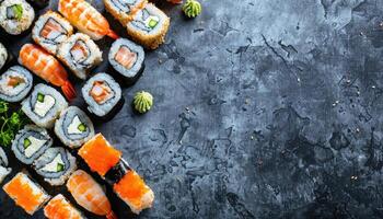 AI generated Assorted sushi platter on dark slate background photo