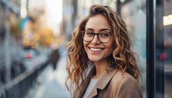 AI generated Cheerful young woman with glasses on city street photo