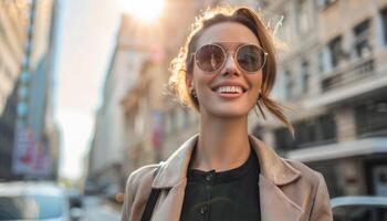 AI generated Cheerful young woman enjoying city life at sunset photo