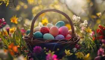 AI generated Easter egg basket in spring bloom photo