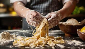 AI generated Homemade pasta preparation by chef in kitchen photo