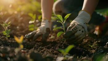 AI generated Planting young tree at sunset photo