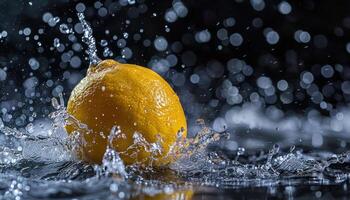 AI generated Fresh lemon splash on a dark background photo