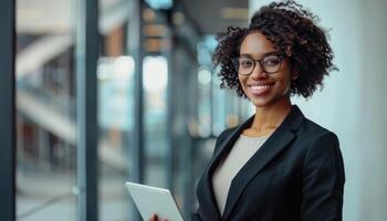 AI generated Confident businesswoman with tablet in modern office photo