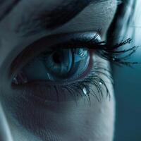AI generated Macro shot capturing the intricate details of a human blue eye and eyelashes photo