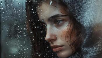 ai generado contemplativo mujer por lluvioso ventana foto