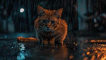 AI generated Solitary cat in rainy night ambience photo