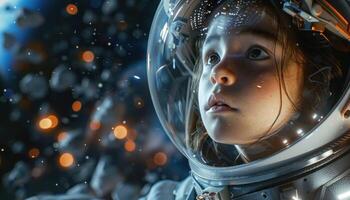 AI generated Young astronaut in space helmet gazing with awe photo