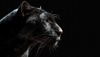 ai generado majestuoso negro pantera retrato en bajo ligero foto