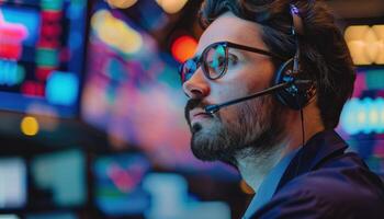 AI generated Focused young man with headphones in a high-tech trading environment photo