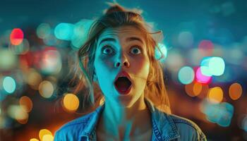 AI generated Surprised young woman with colorful bokeh lights photo