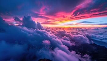 ai generado asombroso montaña puesta de sol encima el nubes foto