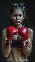 ai generado determinado hembra Boxer en rojo guantes foto