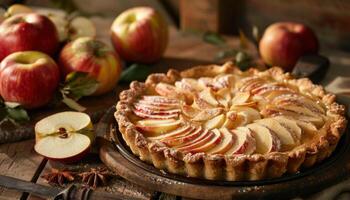 AI generated Homemade apple pie on rustic wooden table photo