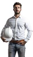 AI generated Confident young architect holding hard hat photo