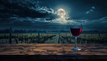 AI generated Moonlit vineyard with glass of wine photo