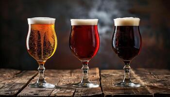 AI generated Assorted craft beers in glasses on wooden surface photo