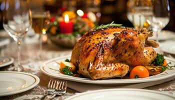 AI generated Festive roasted turkey on holiday table photo