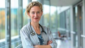 AI generated Confident female doctor standing in hospital corridor photo