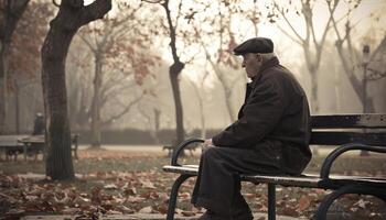 AI generated Solitude of an elder man on a park bench photo