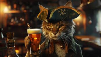 ai generado pirata gato con un medio litro de cerveza foto