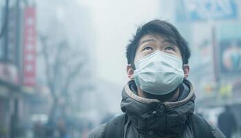 AI generated Young man in mask against hazy city background photo