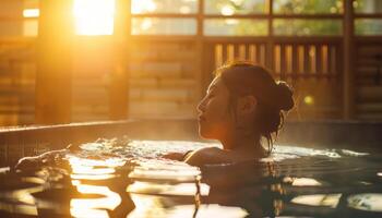 AI generated Serenity at sunset woman relaxing in hot spring photo