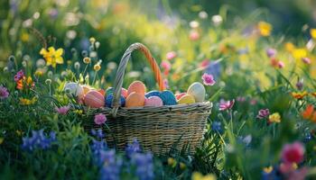 AI generated Easter egg basket in spring meadow photo