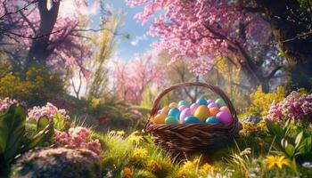 AI generated Easter basket among spring blossoms photo