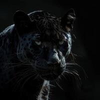 ai generado majestuoso negro pantera en oscuridad foto