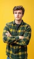 AI generated Confident young man in plaid shirt on yellow background photo