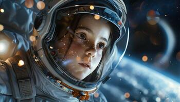 ai generado joven astronauta mirando dentro espacio foto