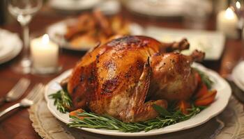 ai generado gastrónomo asado pollo cena en festivo mesa foto